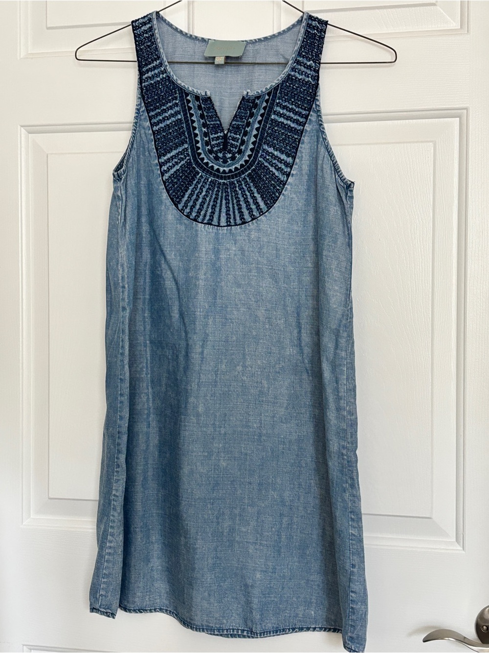 Skies are Blue Chambray Sleeveless Tunic Dress Embroidered Blue Chambray S EUC